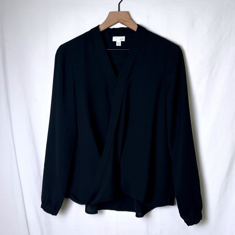 J. Jill Womens Crossover V-Neck Long Sleeve Blouse Size M Petite Black Capsule